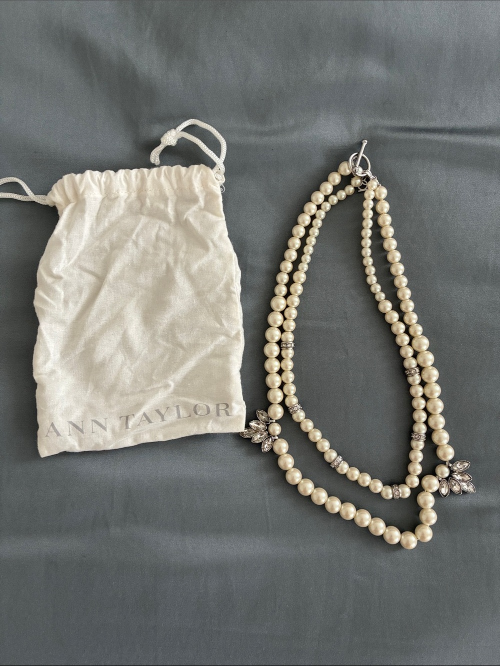 Ann Taylor Cream Faux Pearl Double-Strand Necklace with Crystal Floral Charms
